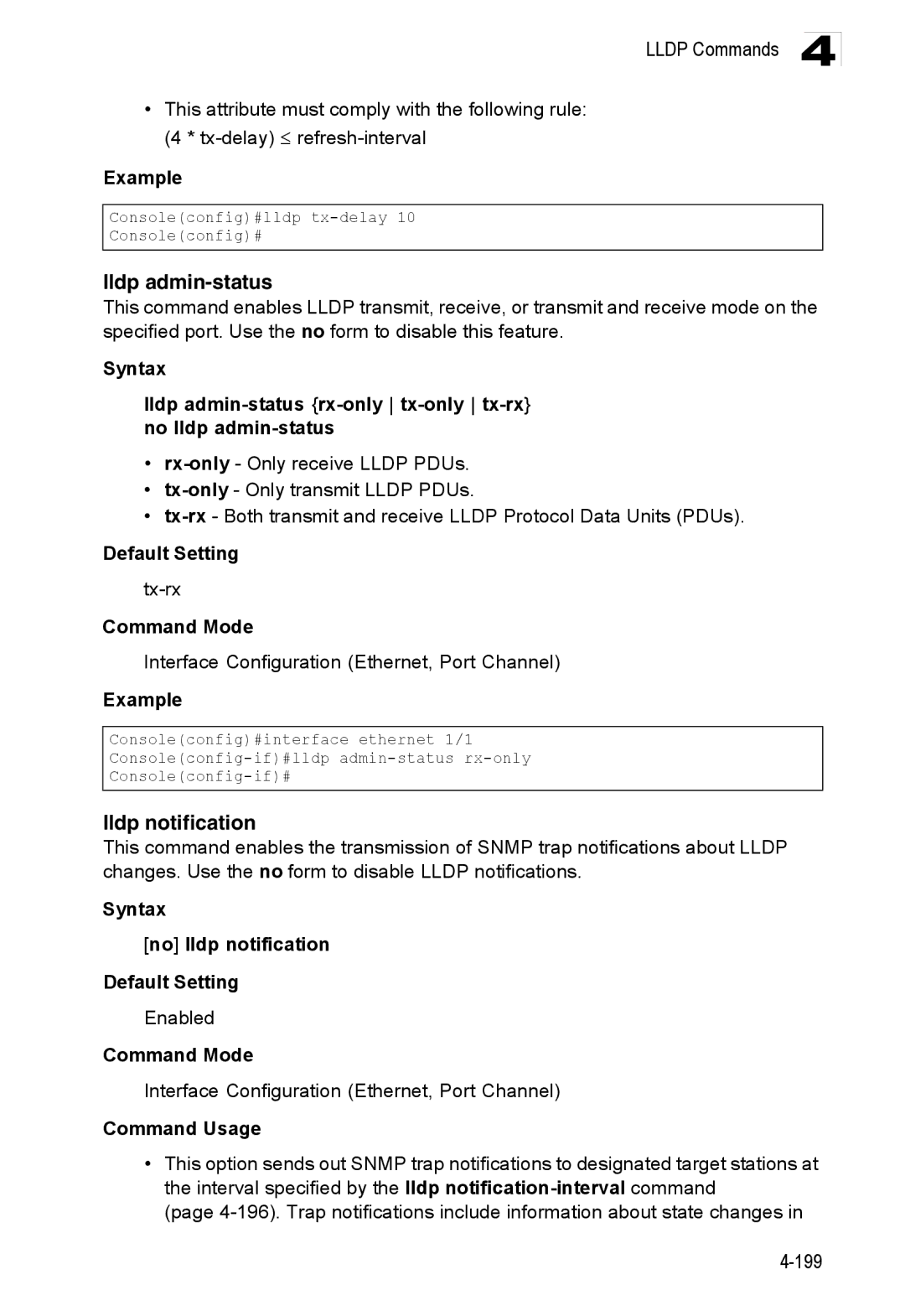 Accton Technology ES3528M-SFP Lldp admin-status, Lldp notification, Tx-rx, Syntax No lldp notification Default Setting 