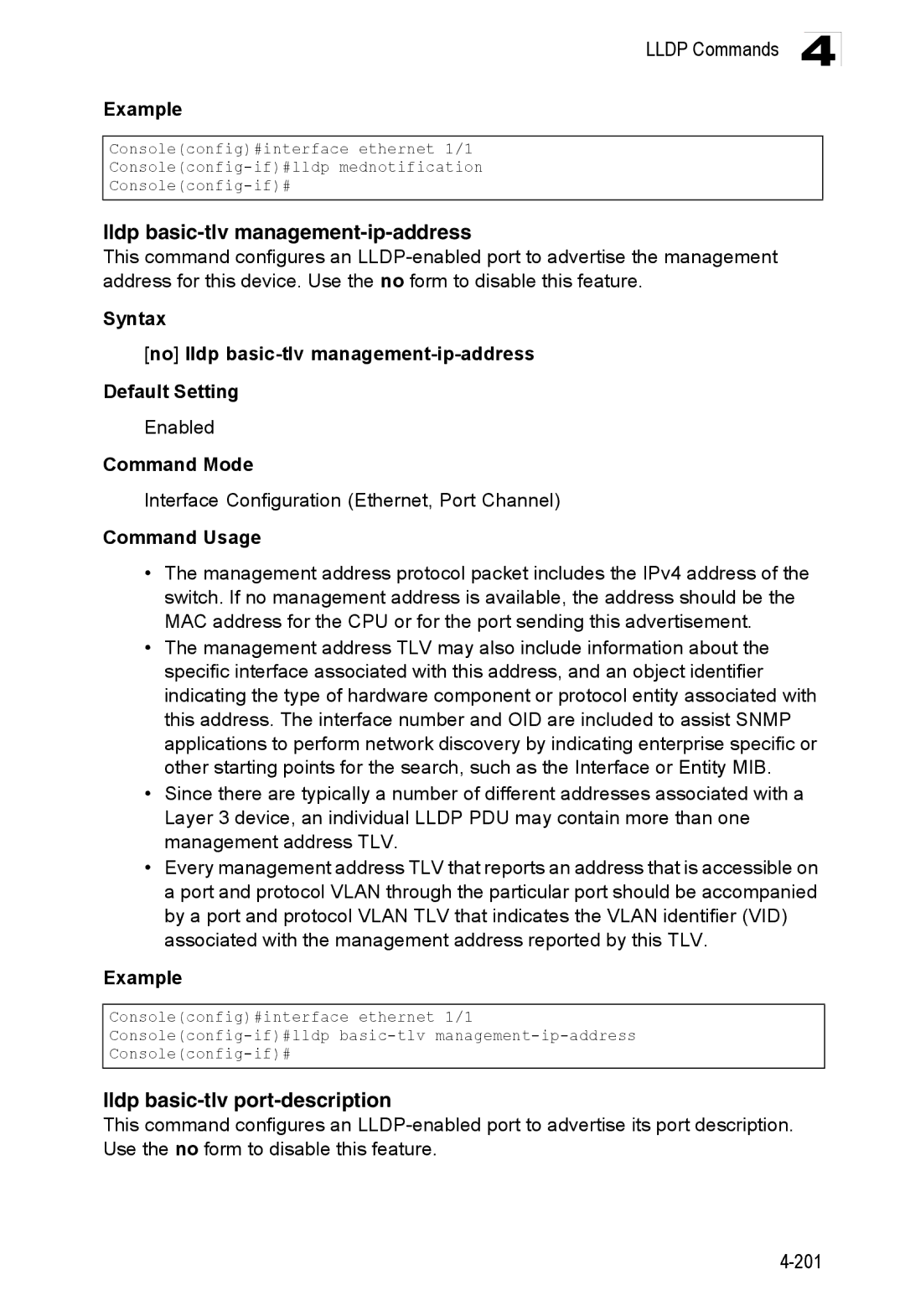 Accton Technology ES3528M-SFP manual Lldp basic-tlv management-ip-address, Lldp basic-tlv port-description 