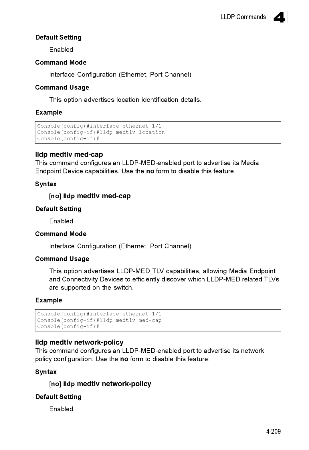 Accton Technology ES3528M-SFP manual Lldp medtlv med-cap, No lldp medtlv med-cap, Lldp medtlv network-policy 