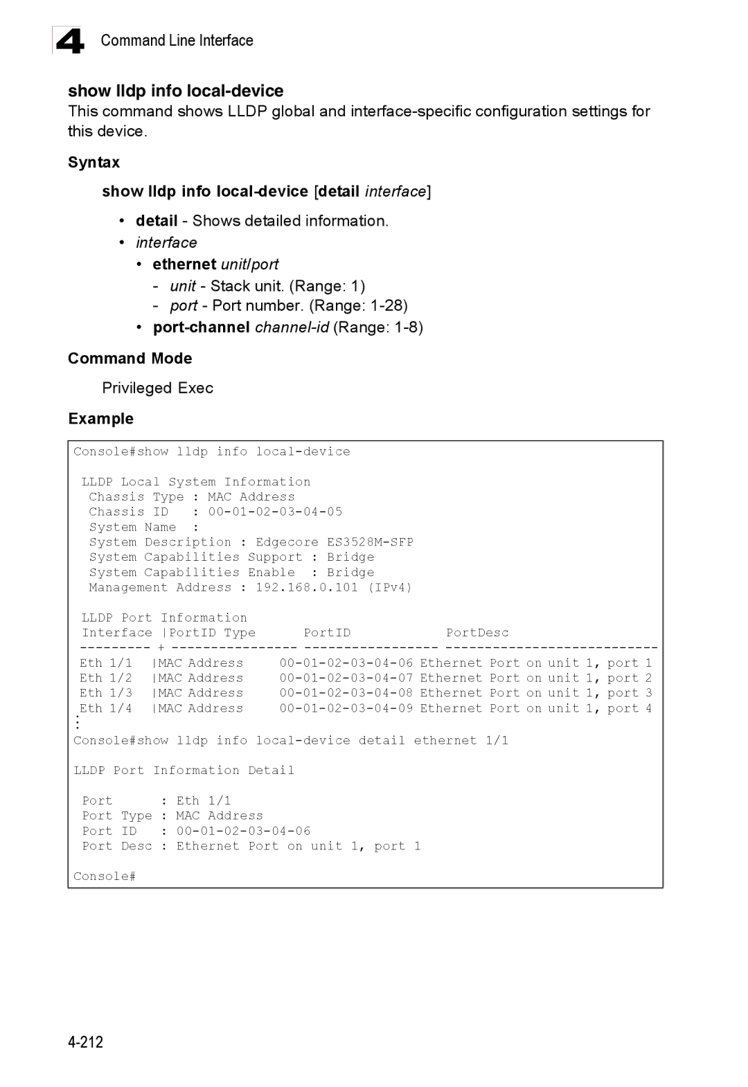 Accton Technology ES3528M-SFP Syntax Show lldp info local-device detail interface, Detail Shows detailed information 