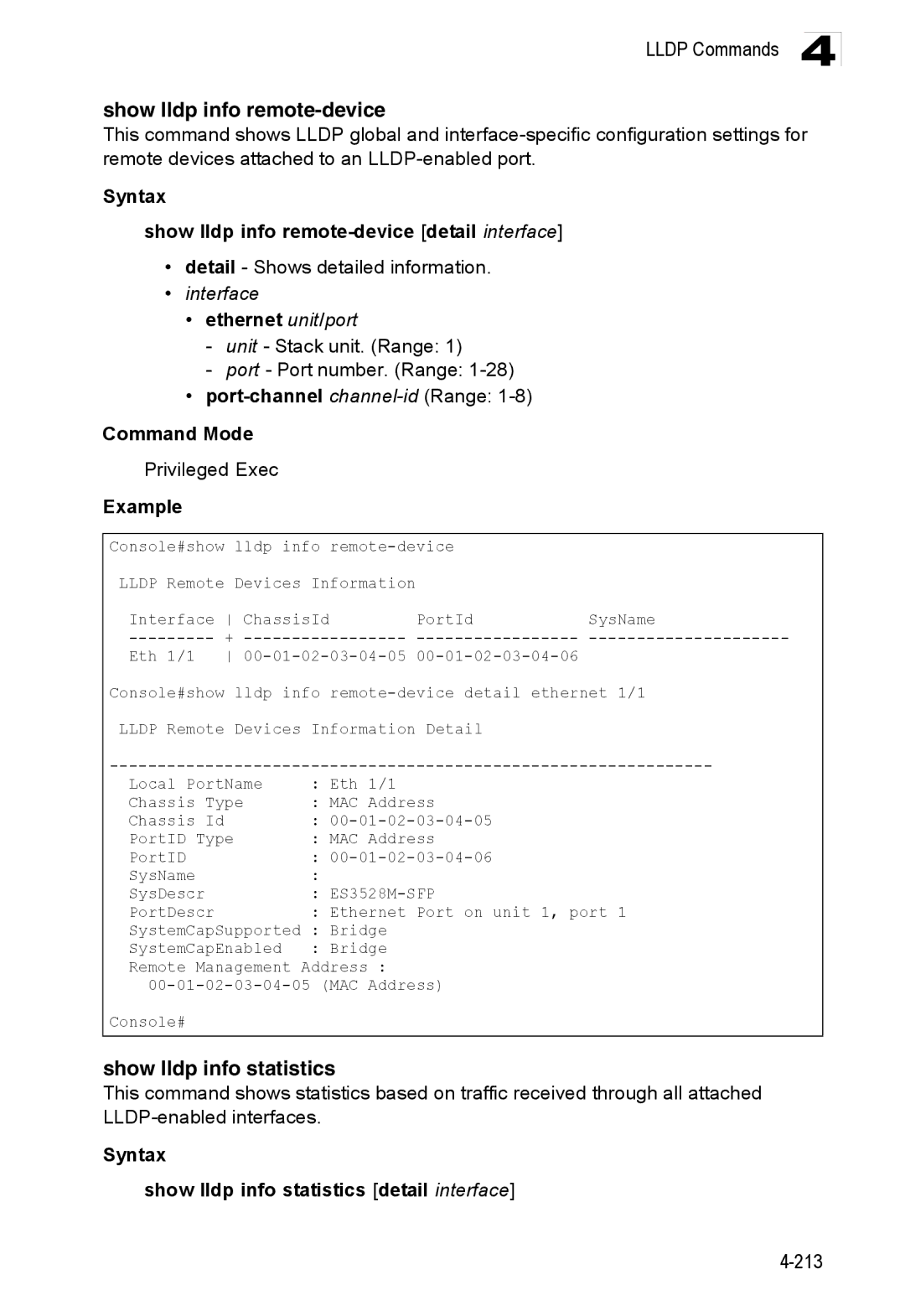 Accton Technology ES3528M-SFP manual Show lldp info remote-device, Show lldp info statistics 