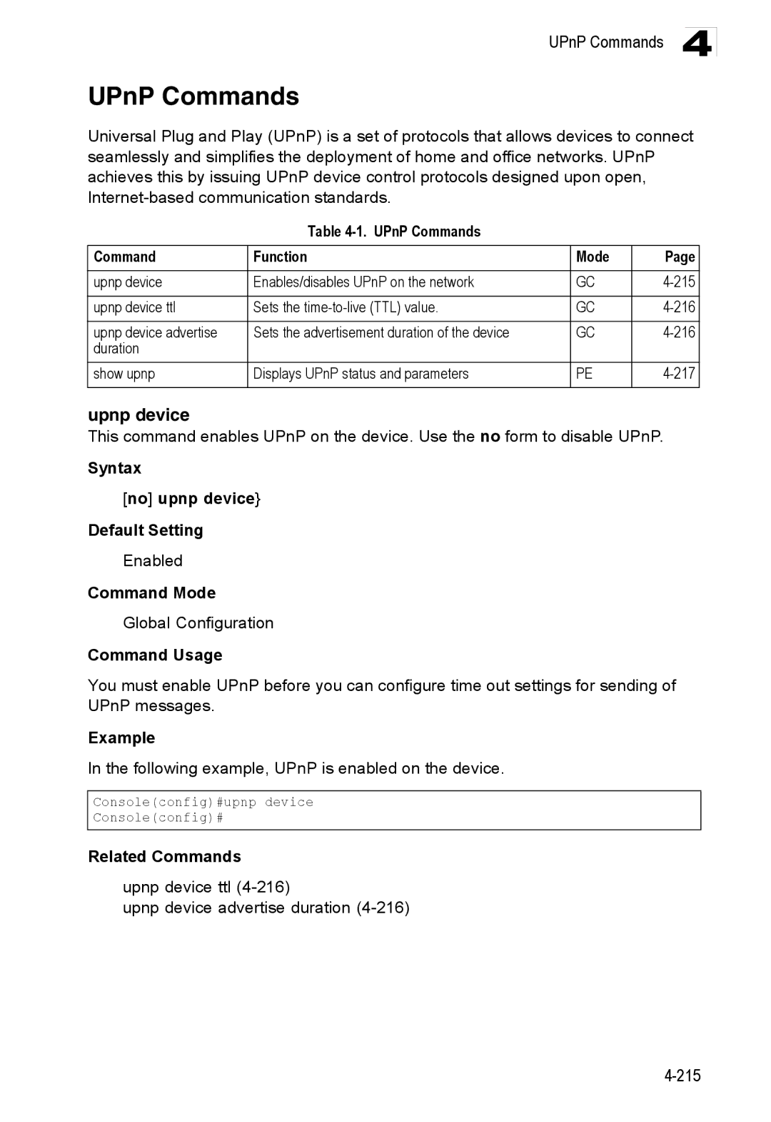 Accton Technology ES3528M-SFP manual Upnp device, UPnP Commands Function Mode, Syntax No upnp device Default Setting 