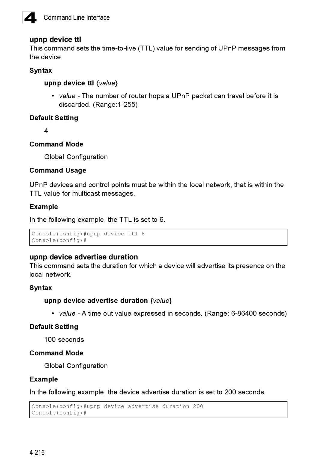 Accton Technology ES3528M-SFP manual Upnp device advertise duration, Syntax Upnp device ttl value 