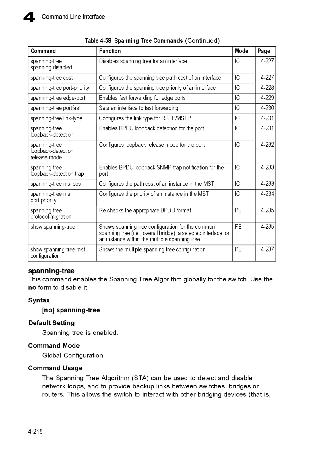 Accton Technology ES3528M-SFP manual Spanning-tree, Syntax No spanning-tree Default Setting, Spanning tree is enabled 