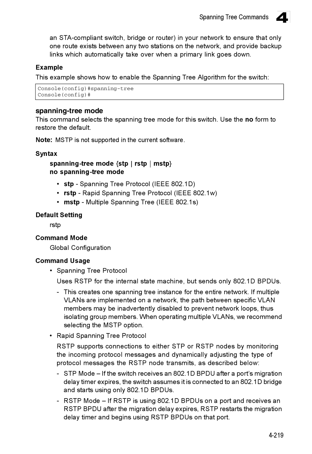 Accton Technology ES3528M-SFP manual Spanning-tree mode, Rstp 