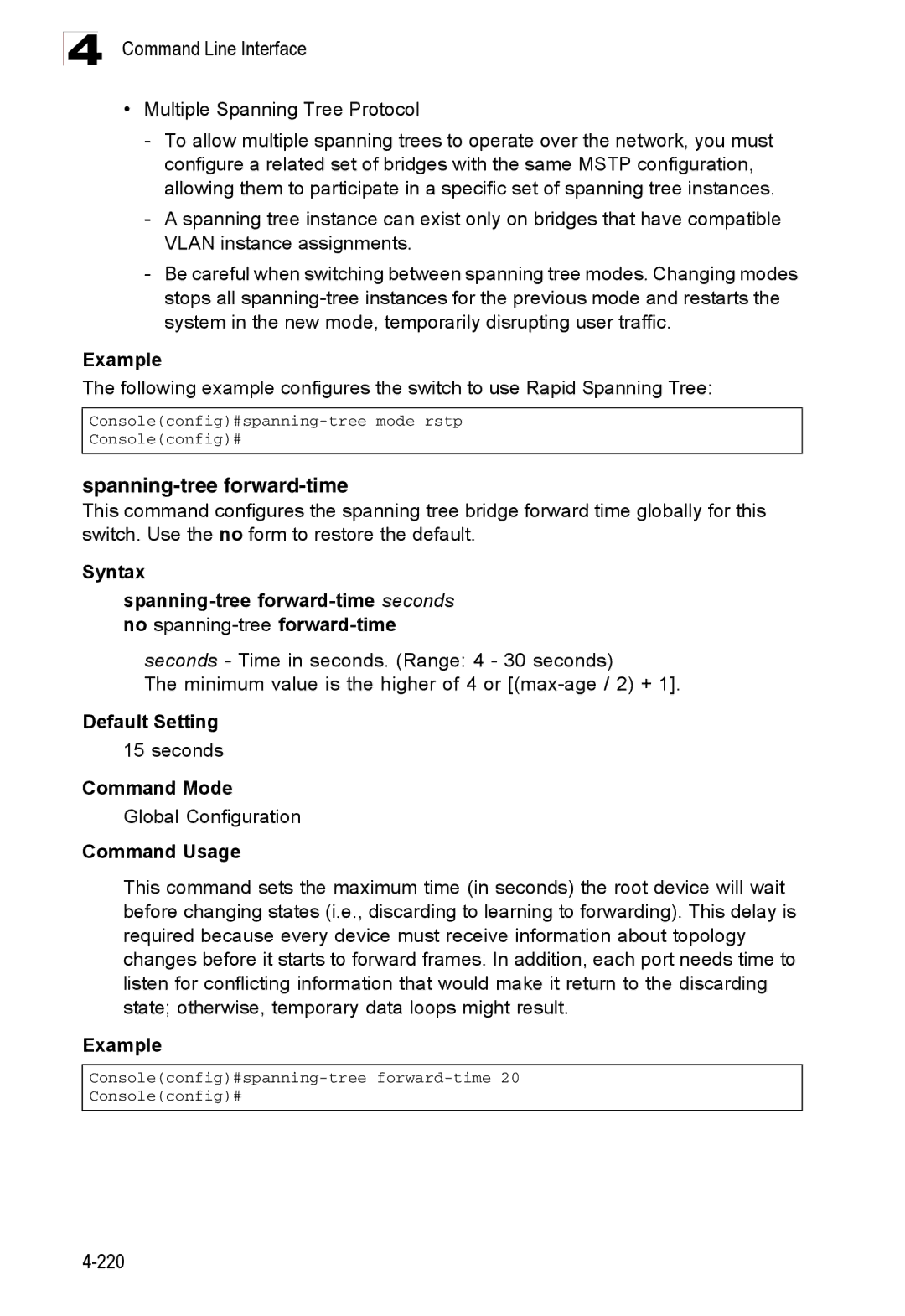 Accton Technology ES3528M-SFP manual Spanning-tree forward-time, Syntax 