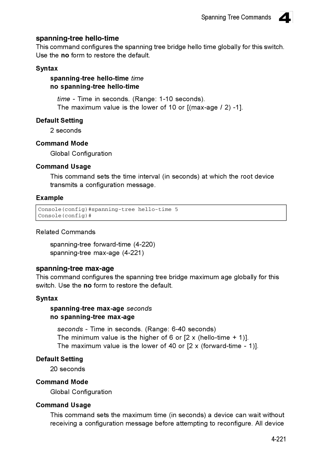 Accton Technology ES3528M-SFP manual Spanning-tree hello-time, Spanning-tree max-age 