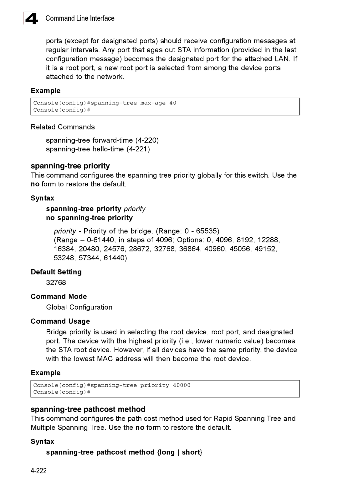 Accton Technology ES3528M-SFP manual Spanning-tree priority, Spanning-tree pathcost method 