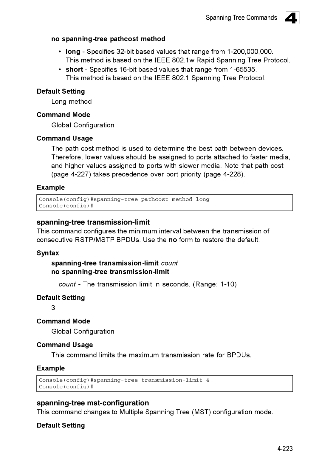 Accton Technology ES3528M-SFP manual Spanning-tree transmission-limit, Spanning-tree mst-configuration 