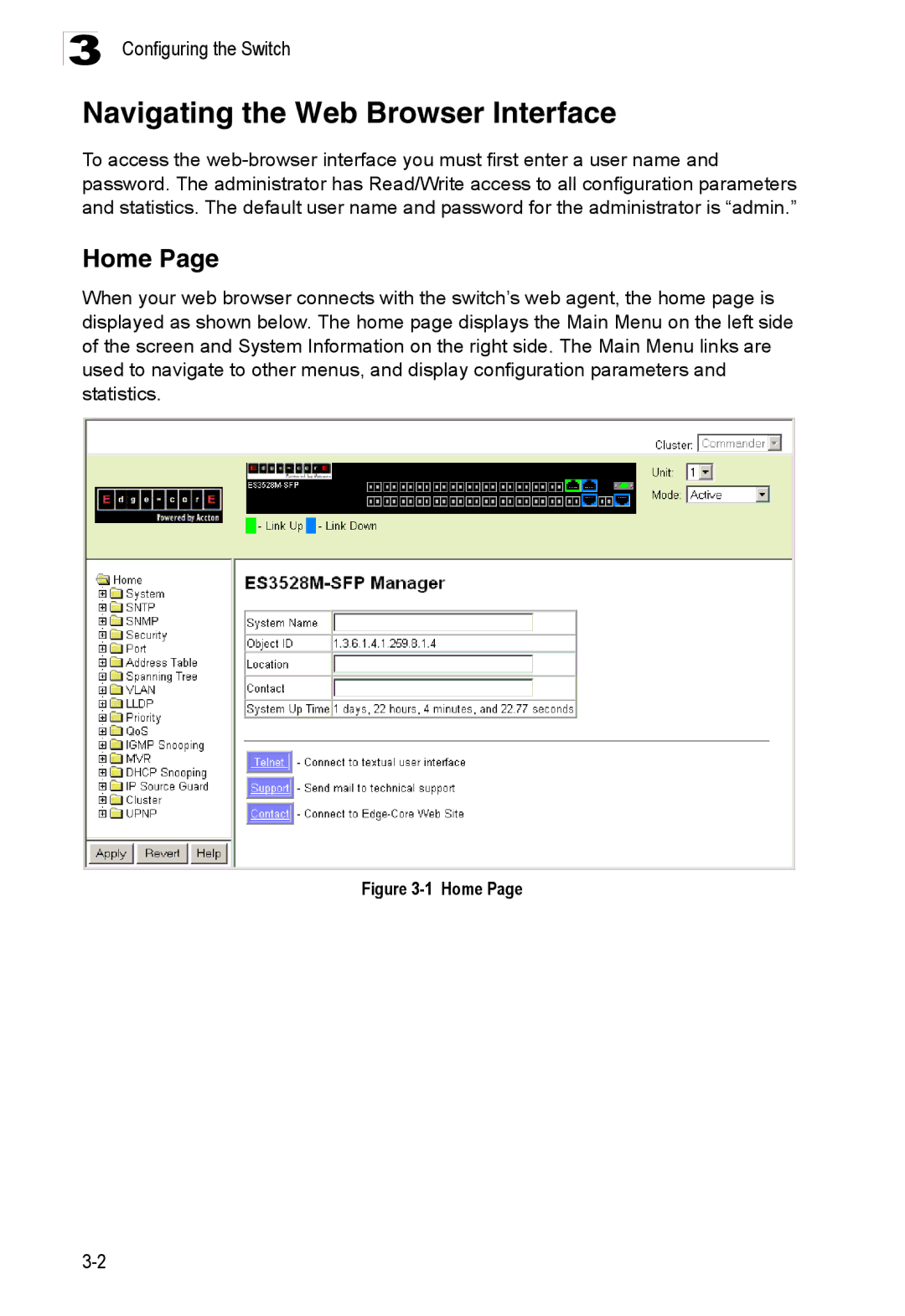 Accton Technology ES3528M-SFP manual Navigating the Web Browser Interface, Home 