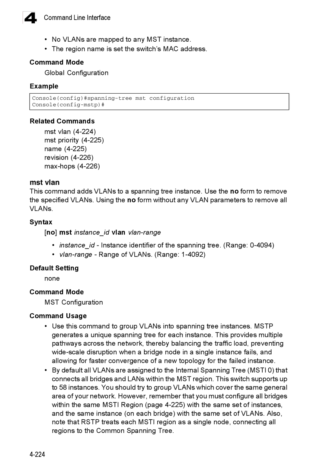 Accton Technology ES3528M-SFP manual Mst vlan, No mst instanceid vlan vlan-range, MST Configuration 