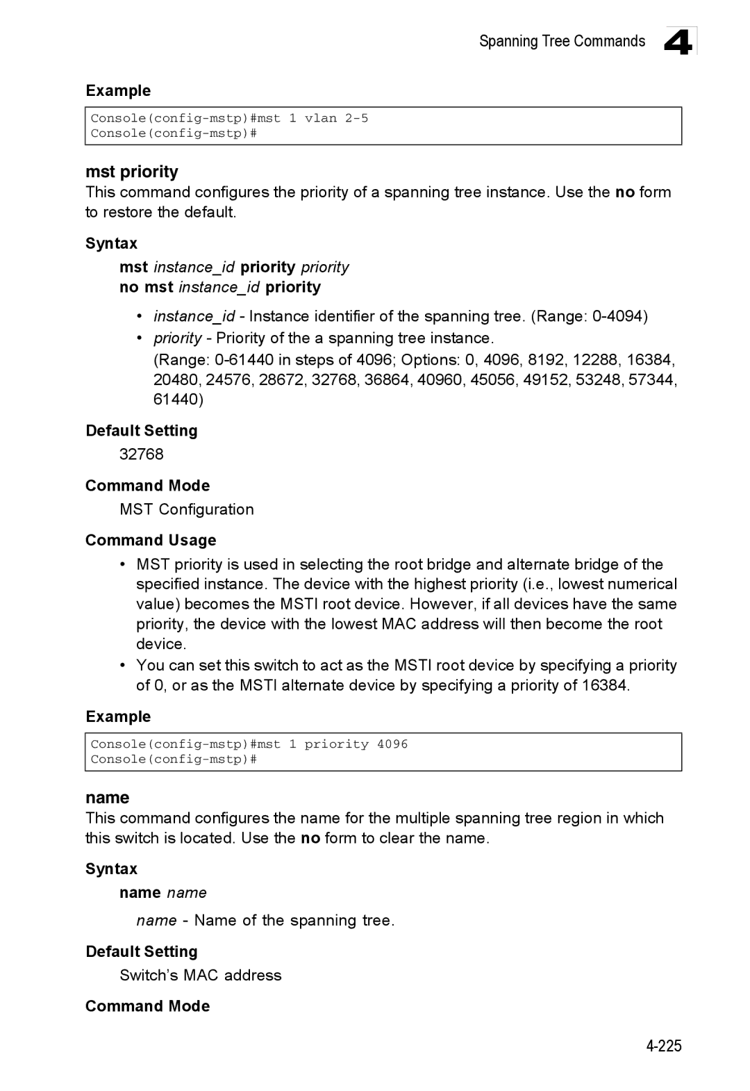 Accton Technology ES3528M-SFP manual Mst priority, Name, Mst instanceid priority priority no mst instanceid priority 