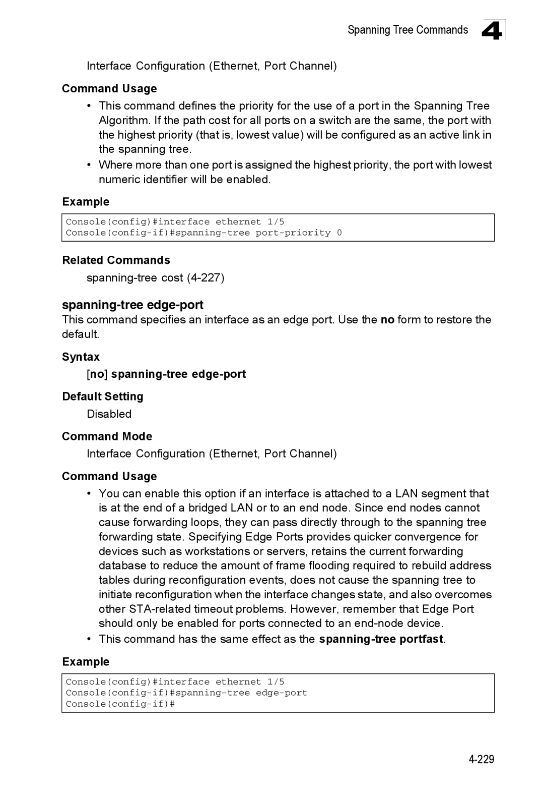 Accton Technology ES3528M-SFP manual Spanning-tree edge-port, Syntax No spanning-tree edge-port Default Setting 