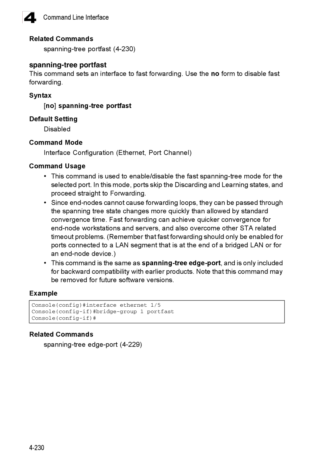 Accton Technology ES3528M-SFP manual Spanning-tree portfast, Syntax No spanning-tree portfast Default Setting 