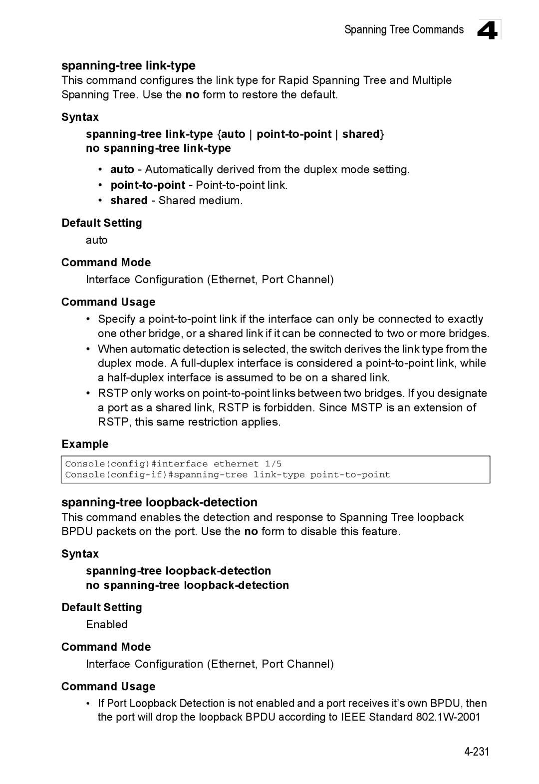 Accton Technology ES3528M-SFP manual Spanning-tree link-type, Spanning-tree loopback-detection, Auto 