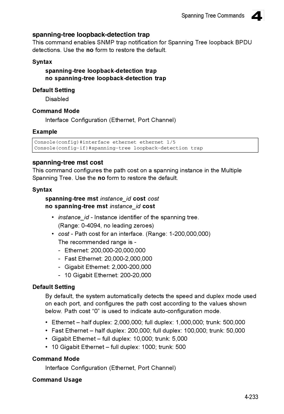 Accton Technology ES3528M-SFP manual Spanning-tree loopback-detection trap, Spanning-tree mst cost 