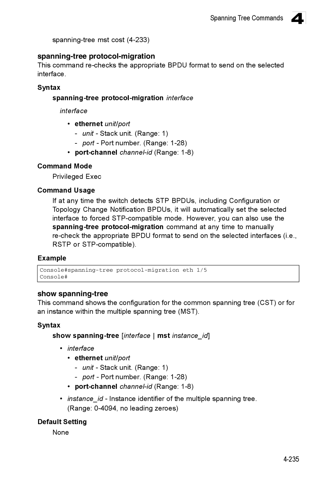 Accton Technology ES3528M-SFP manual Spanning-tree protocol-migration, Show spanning-tree 