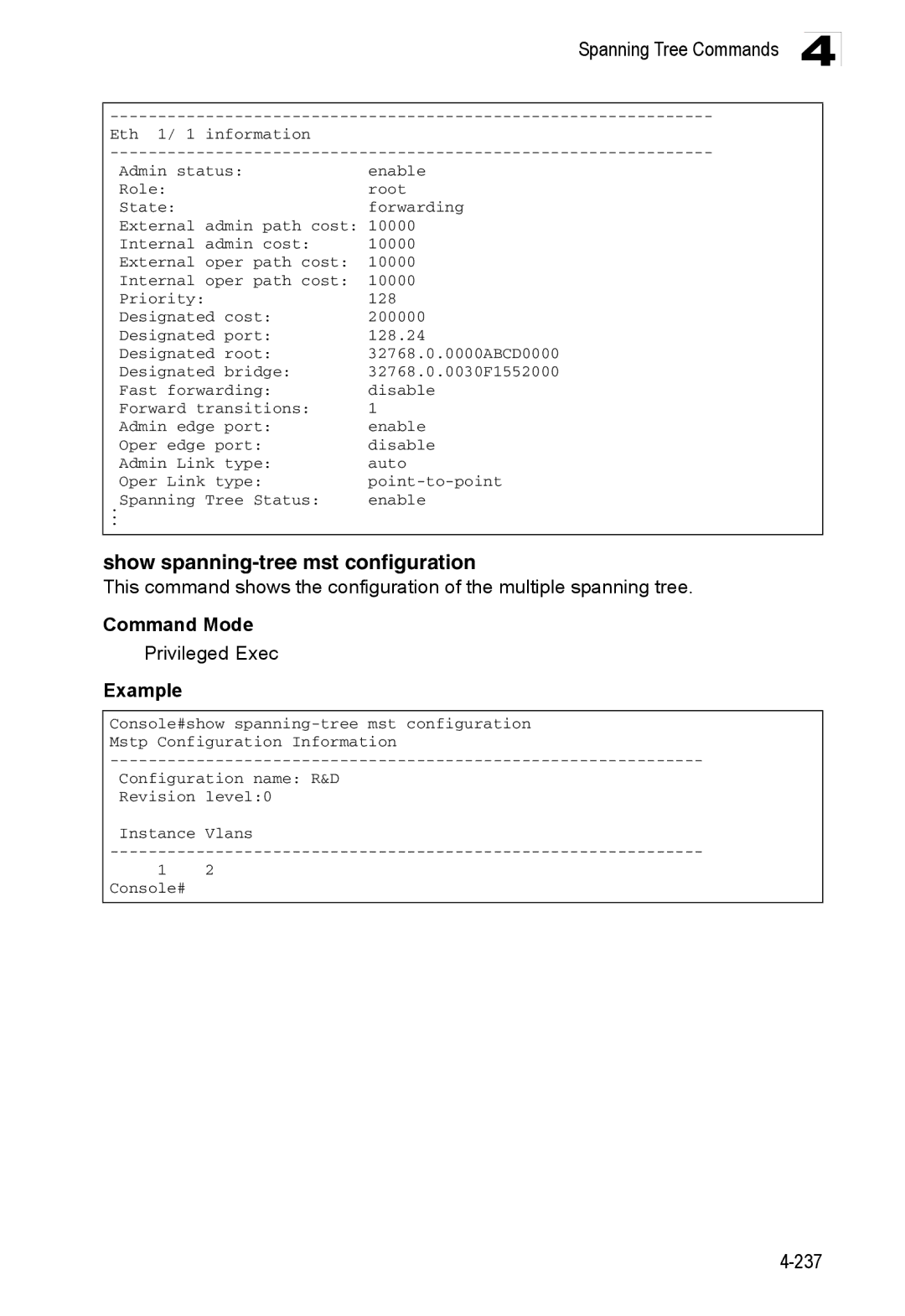 Accton Technology ES3528M-SFP manual Show spanning-tree mst configuration 