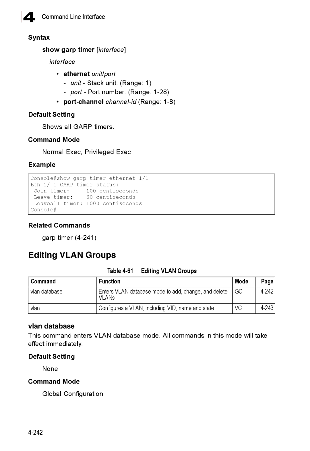 Accton Technology ES3528M-SFP manual Editing Vlan Groups, Vlan database, Syntax Show garp timer interface 