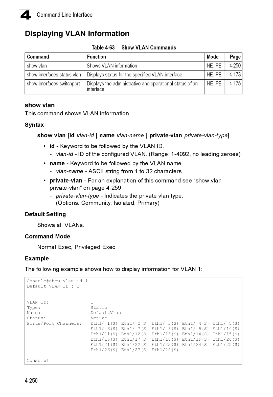 Accton Technology ES3528M-SFP manual Displaying Vlan Information, Show vlan, Show Vlan Commands Function Mode 