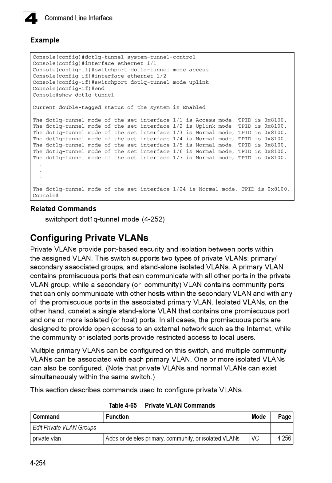 Accton Technology ES3528M-SFP manual Configuring Private VLANs, Switchport dot1q-tunnel mode, Private Vlan Commands, 256 