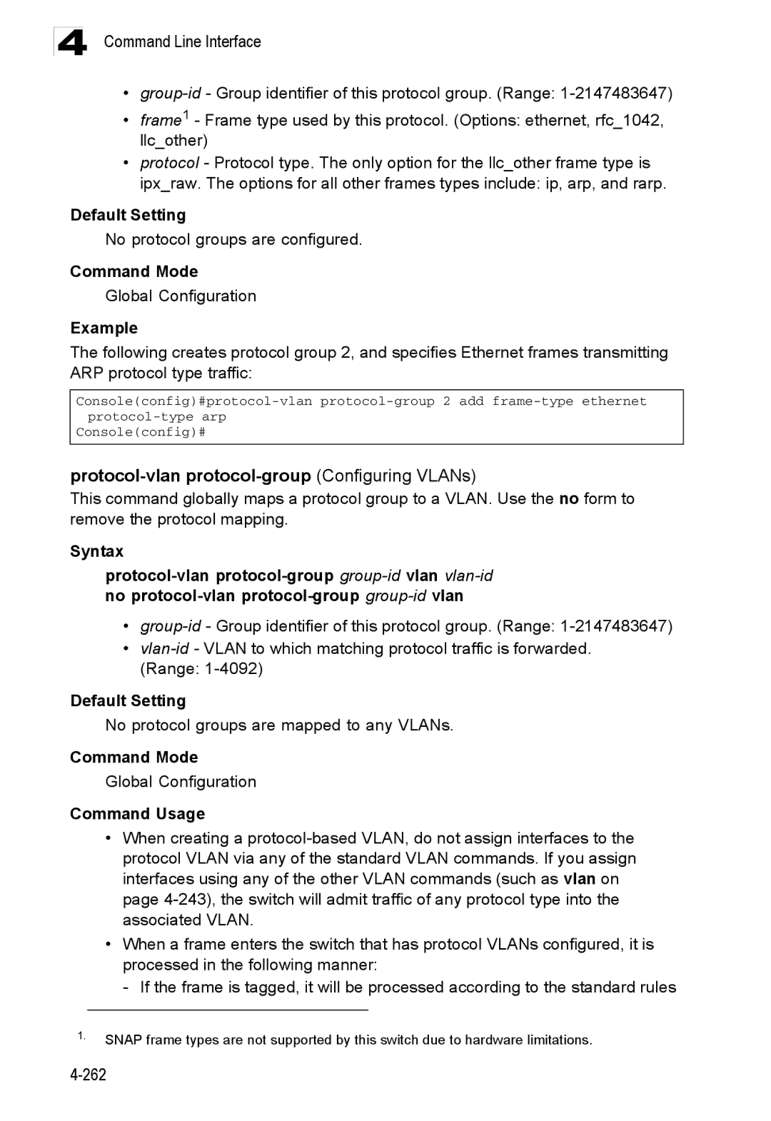 Accton Technology ES3528M-SFP manual Protocol-vlan protocol-group Configuring VLANs, No protocol groups are configured 