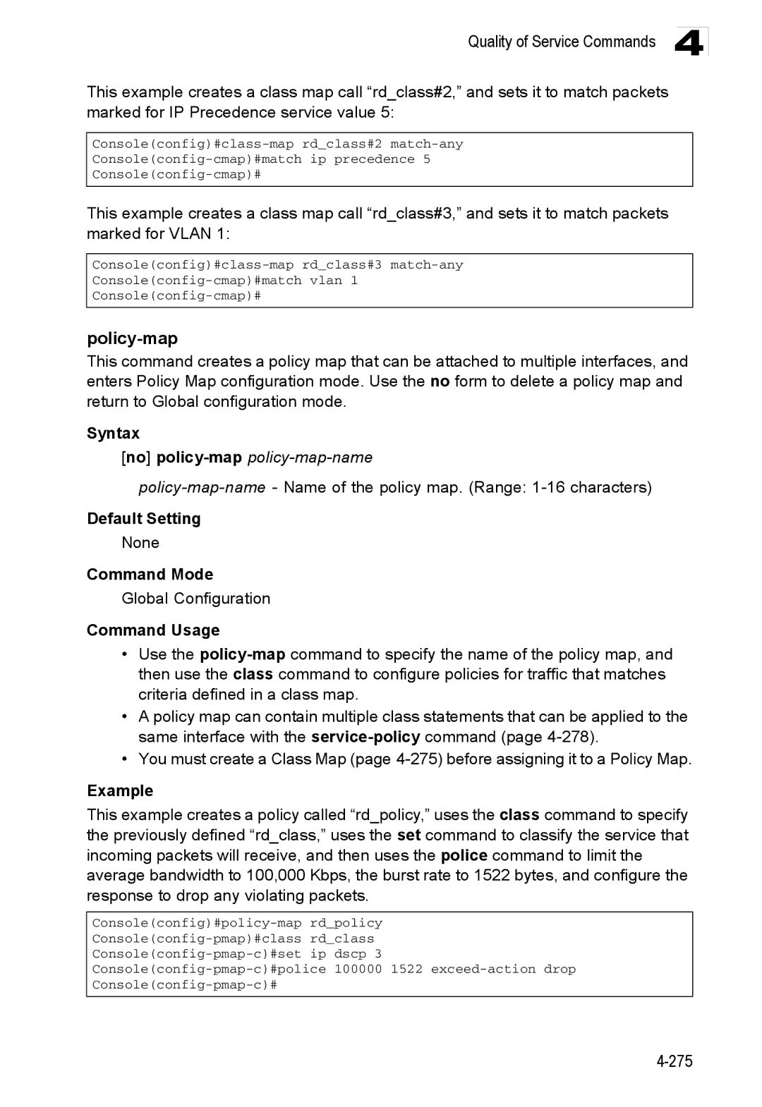 Accton Technology ES3528M-SFP manual Policy-map, No policy-mappolicy-map-name 