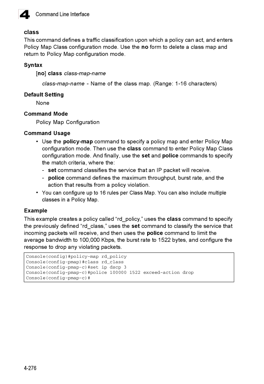 Accton Technology ES3528M-SFP manual Class, No class class-map-name, Policy Map Configuration 