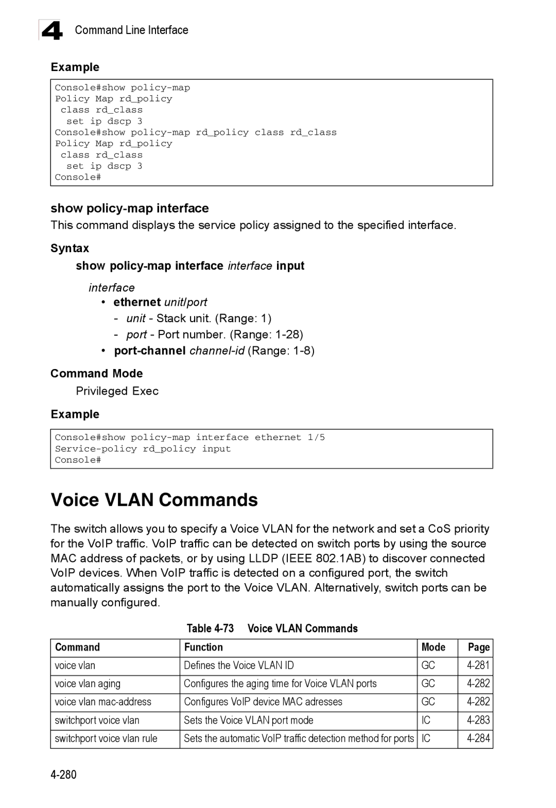 Accton Technology ES3528M-SFP manual Show policy-map interface, Voice Vlan Commands Function Mode, 284 