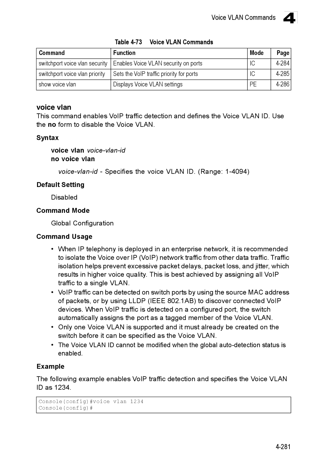 Accton Technology ES3528M-SFP manual Voice vlan voice-vlan-id no voice vlan 