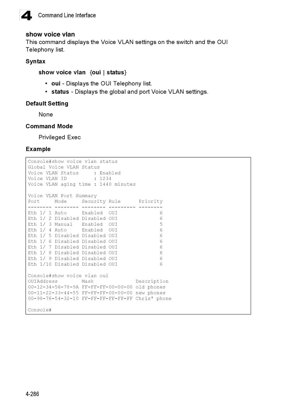 Accton Technology ES3528M-SFP manual Syntax Show voice vlan oui status 