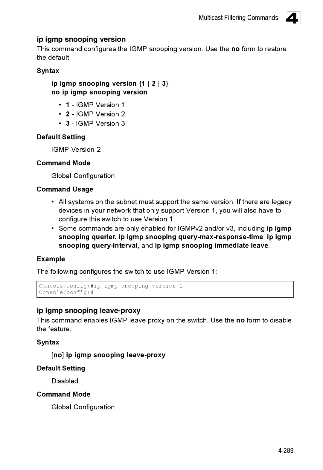 Accton Technology ES3528M-SFP manual Ip igmp snooping version, Ip igmp snooping leave-proxy, Igmp Version 