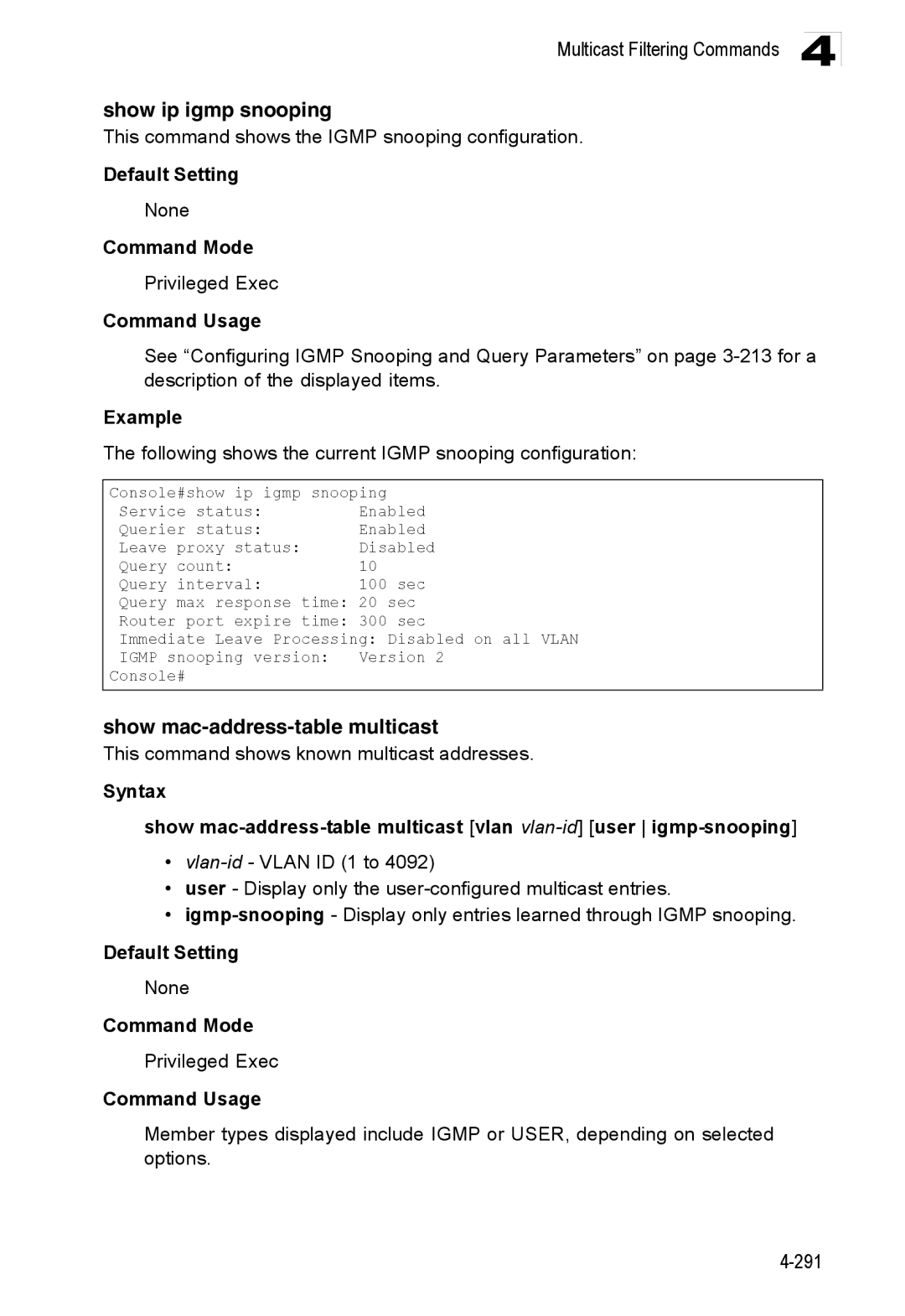 Accton Technology ES3528M-SFP manual Show ip igmp snooping, Show mac-address-table multicast 