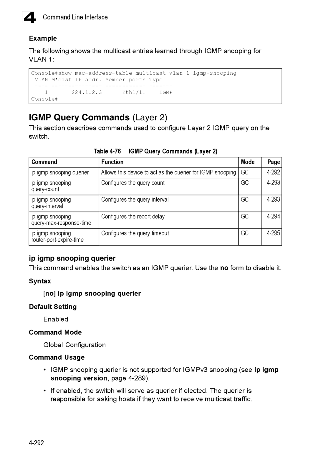 Accton Technology ES3528M-SFP manual Ip igmp snooping querier, Igmp Query Commands Layer Function Mode 