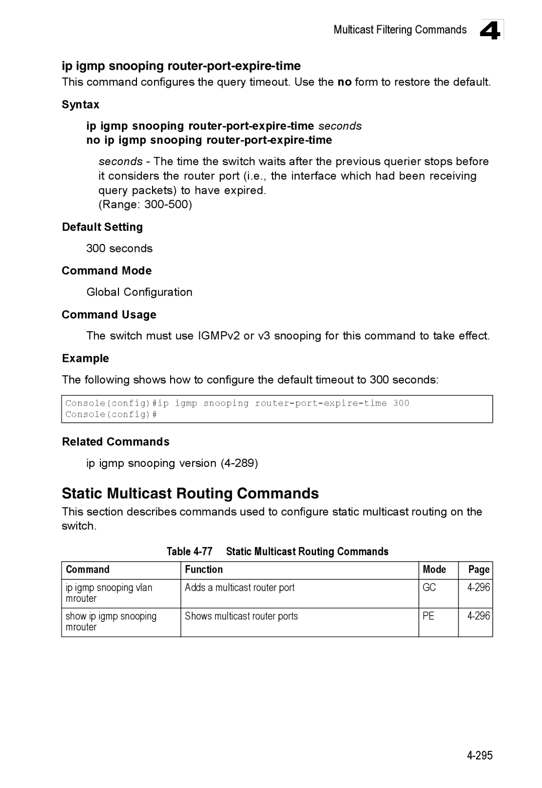 Accton Technology ES3528M-SFP manual Static Multicast Routing Commands, Ip igmp snooping router-port-expire-time 