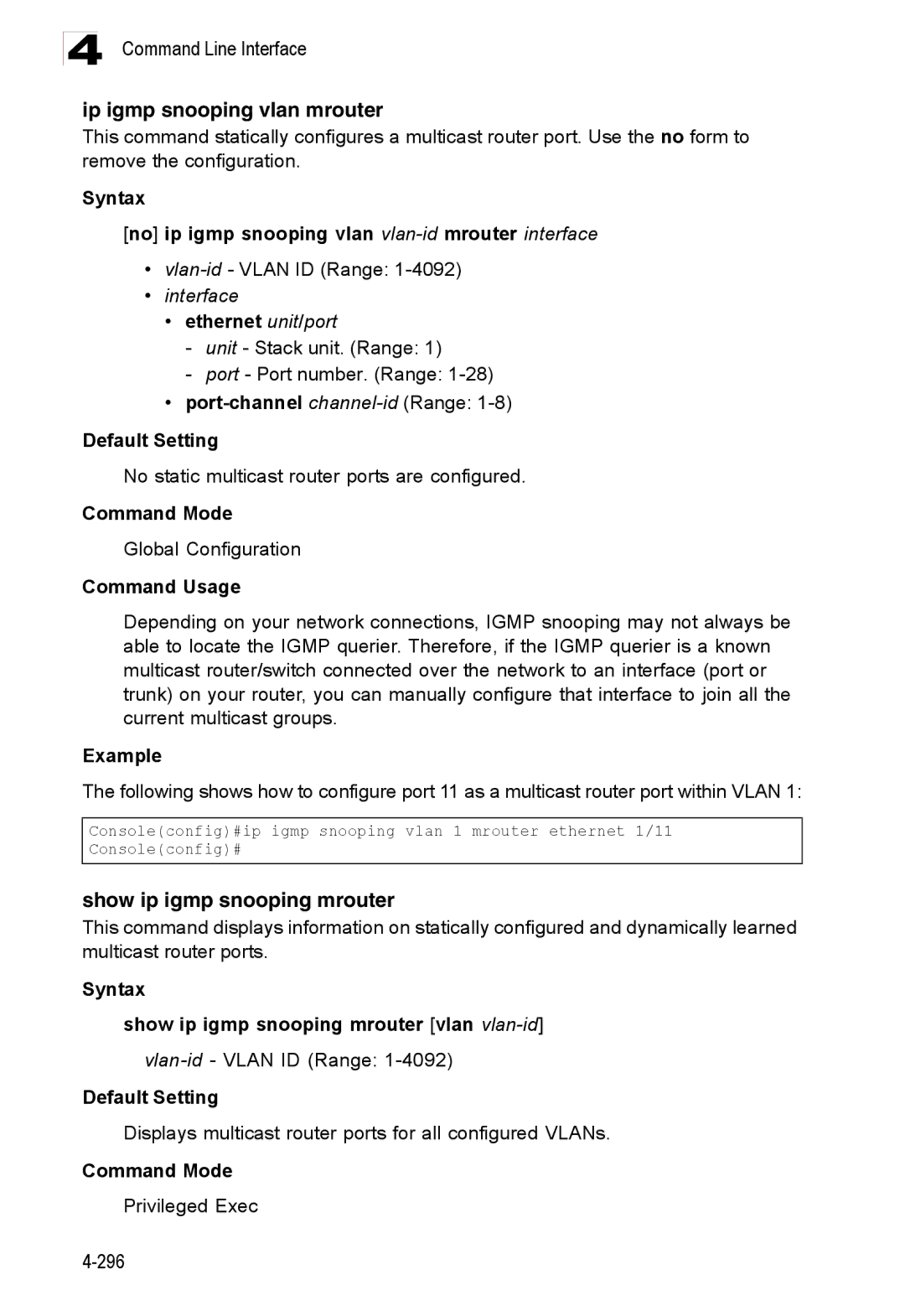 Accton Technology ES3528M-SFP manual Ip igmp snooping vlan mrouter, Show ip igmp snooping mrouter 