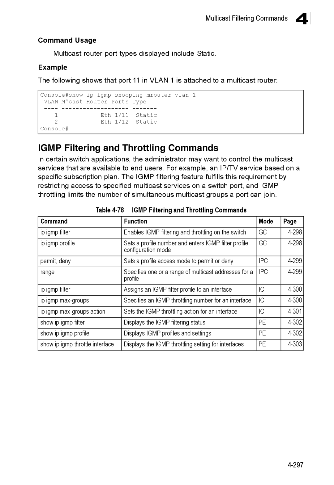 Accton Technology ES3528M-SFP Igmp Filtering and Throttling Commands, Multicast router port types displayed include Static 