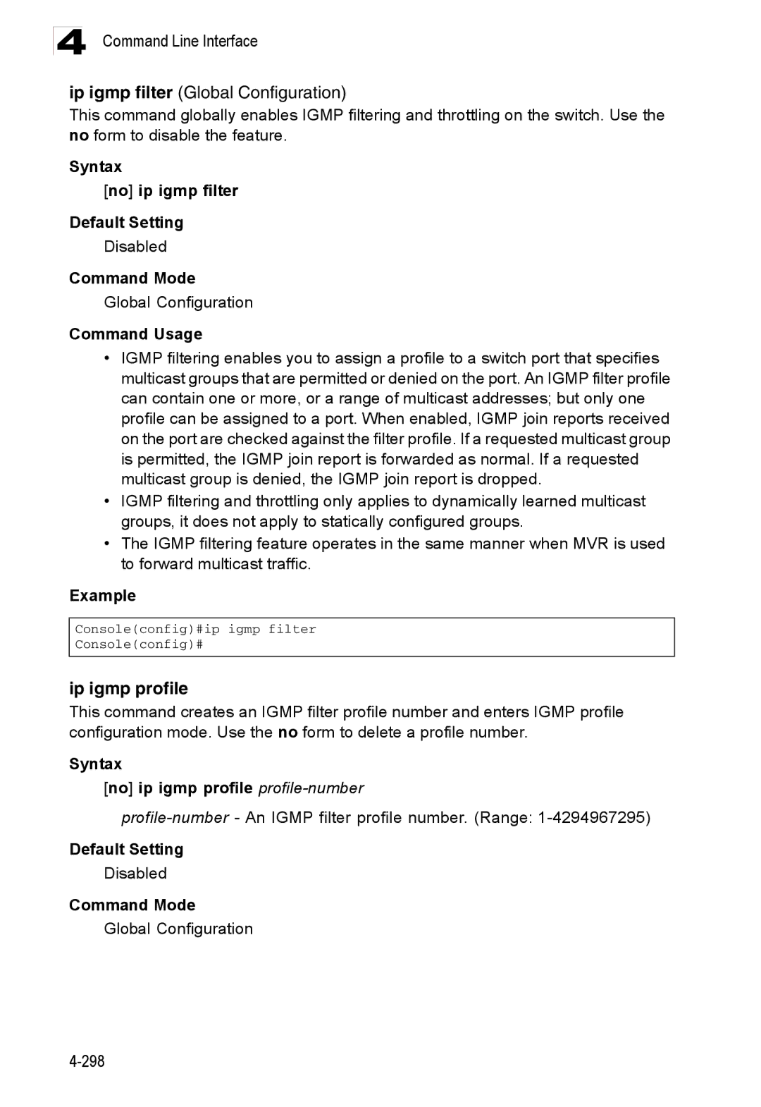 Accton Technology ES3528M-SFP manual Ip igmp profile, Syntax No ip igmp filter Default Setting 