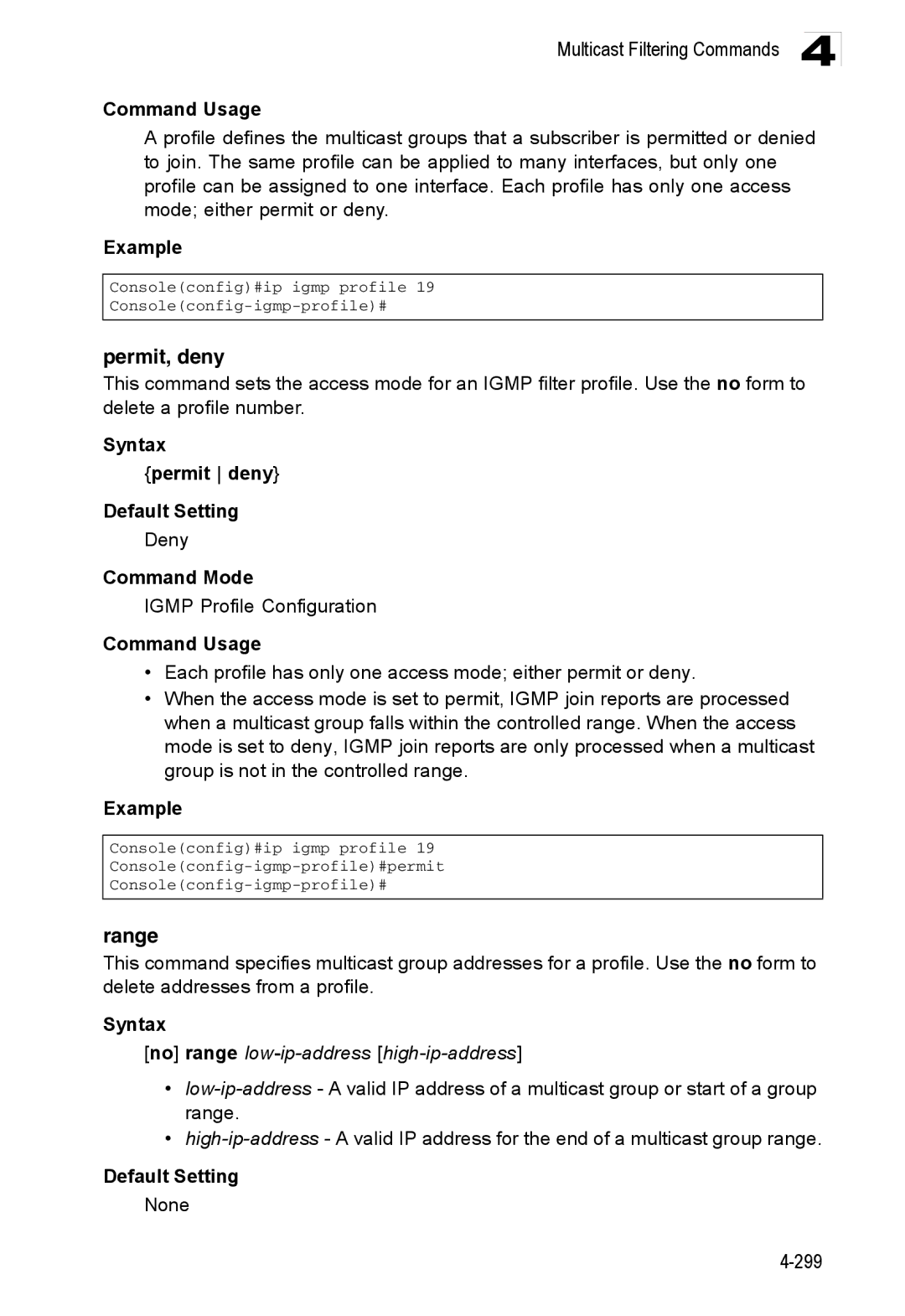 Accton Technology ES3528M-SFP manual Permit, deny, Range, Syntax Permit deny Default Setting 