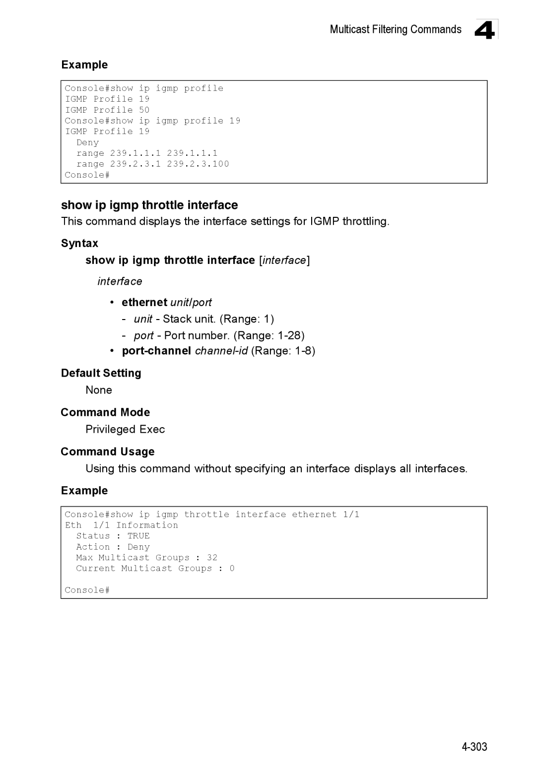 Accton Technology ES3528M-SFP manual Syntax Show ip igmp throttle interface interface 