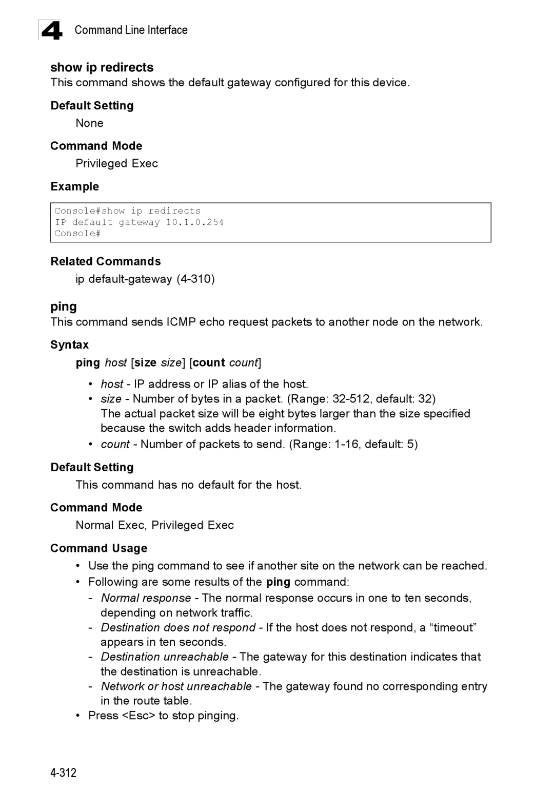 Accton Technology ES3528M-SFP manual Show ip redirects, Ip default-gateway4-310, Syntax Ping host size size count count 