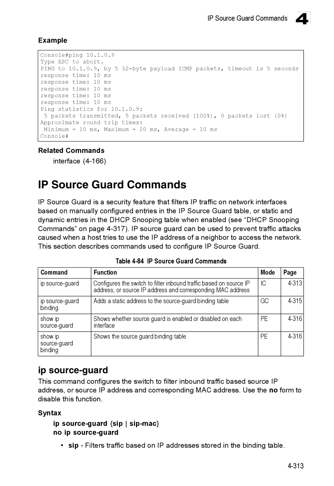 Accton Technology ES3528M-SFP manual Ip source-guard, IP Source Guard Commands Function Mode 