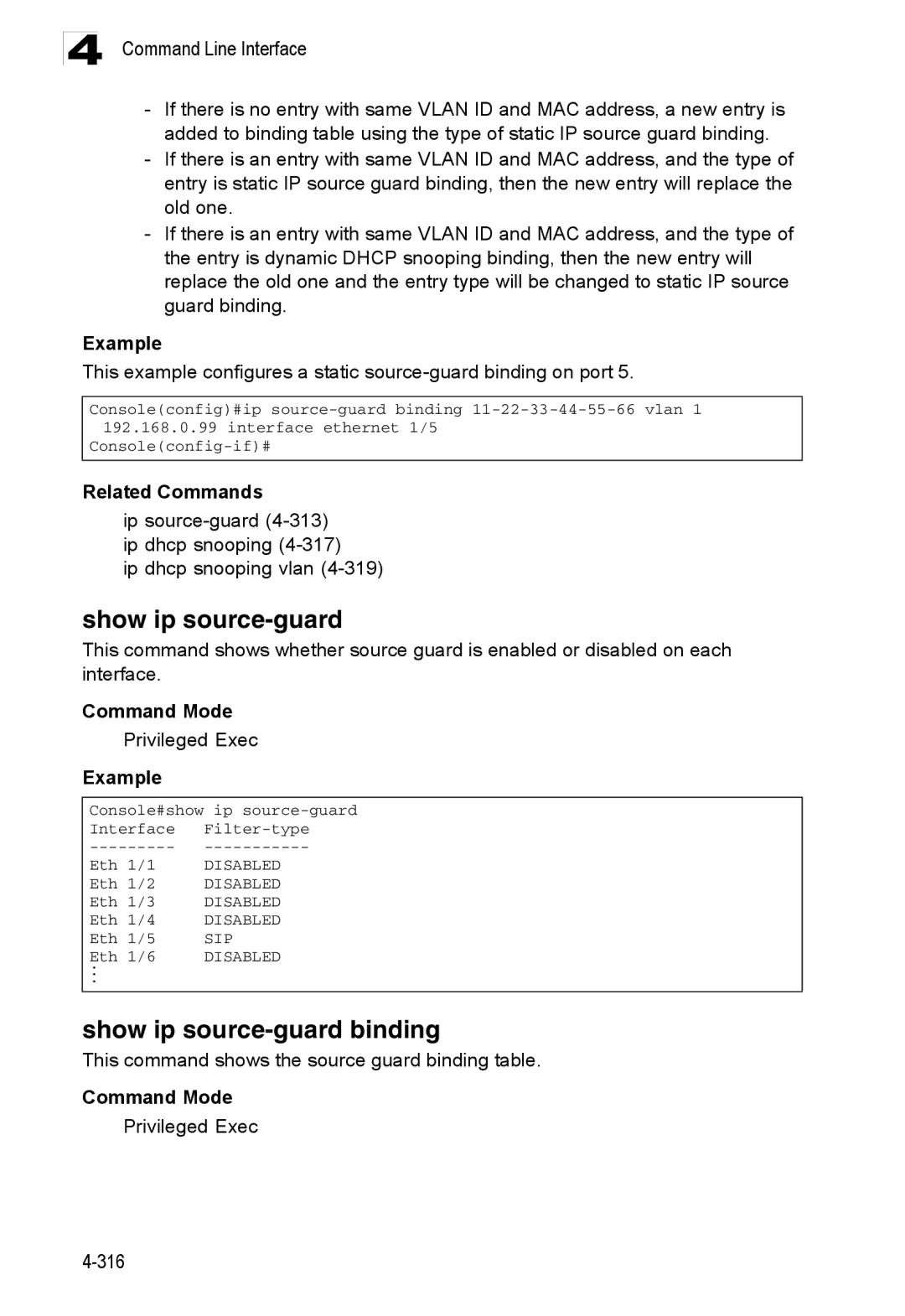 Accton Technology ES3528M-SFP manual Show ip source-guard binding, This command shows the source guard binding table 