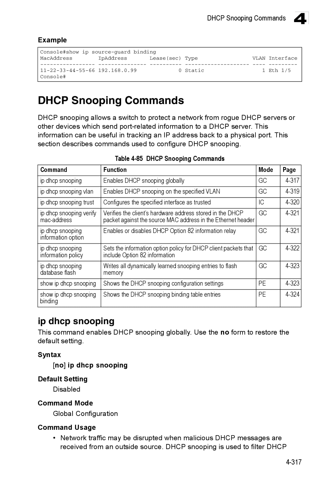 Accton Technology ES3528M-SFP manual Ip dhcp snooping, Dhcp Snooping Commands Function Mode 