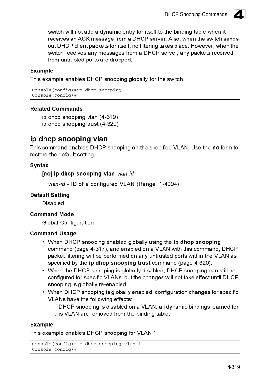 Accton Technology ES3528M-SFP manual Ip dhcp snooping vlan, This example enables Dhcp snooping globally for the switch 