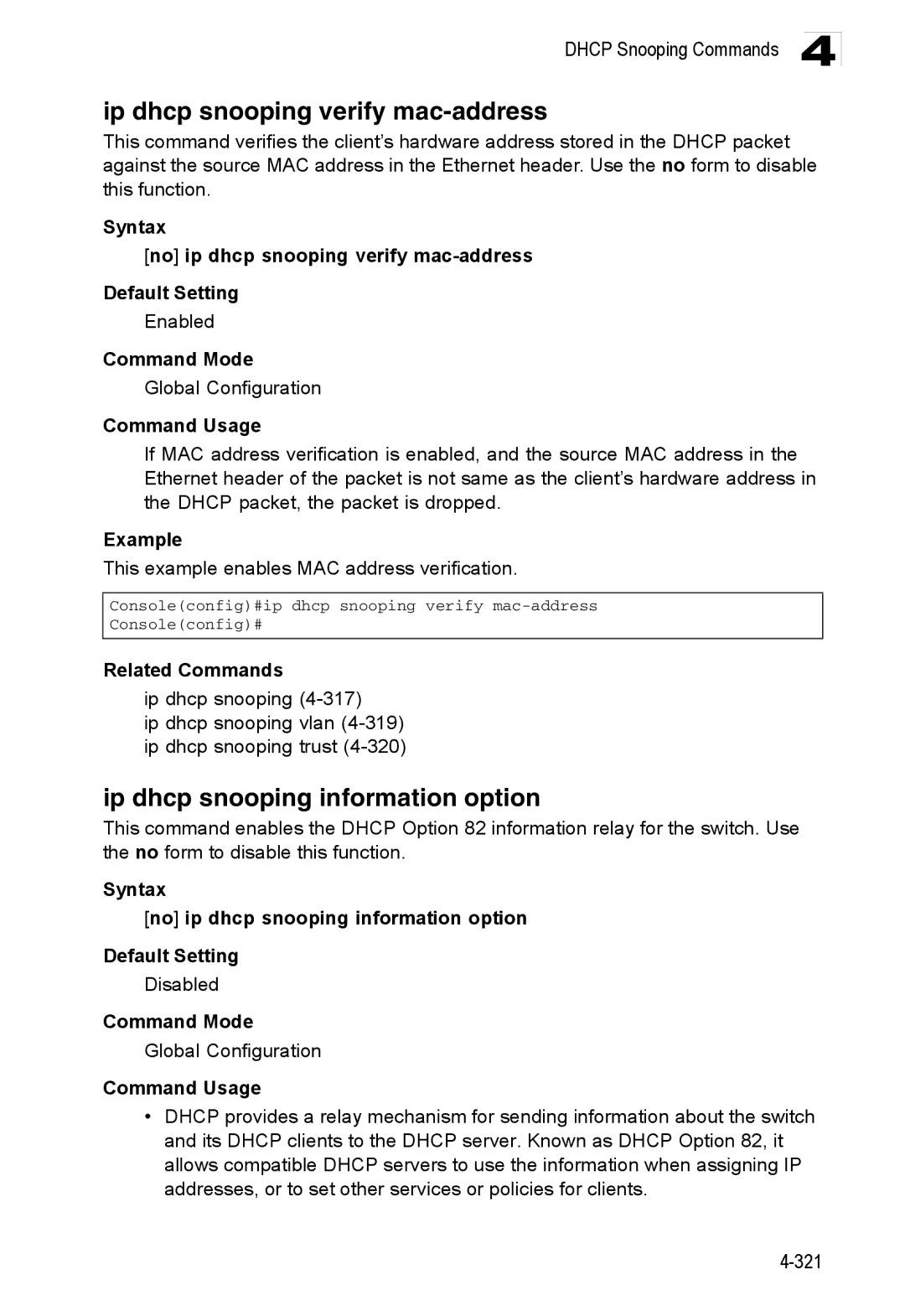 Accton Technology ES3528M-SFP manual Ip dhcp snooping verify mac-address, Ip dhcp snooping information option 