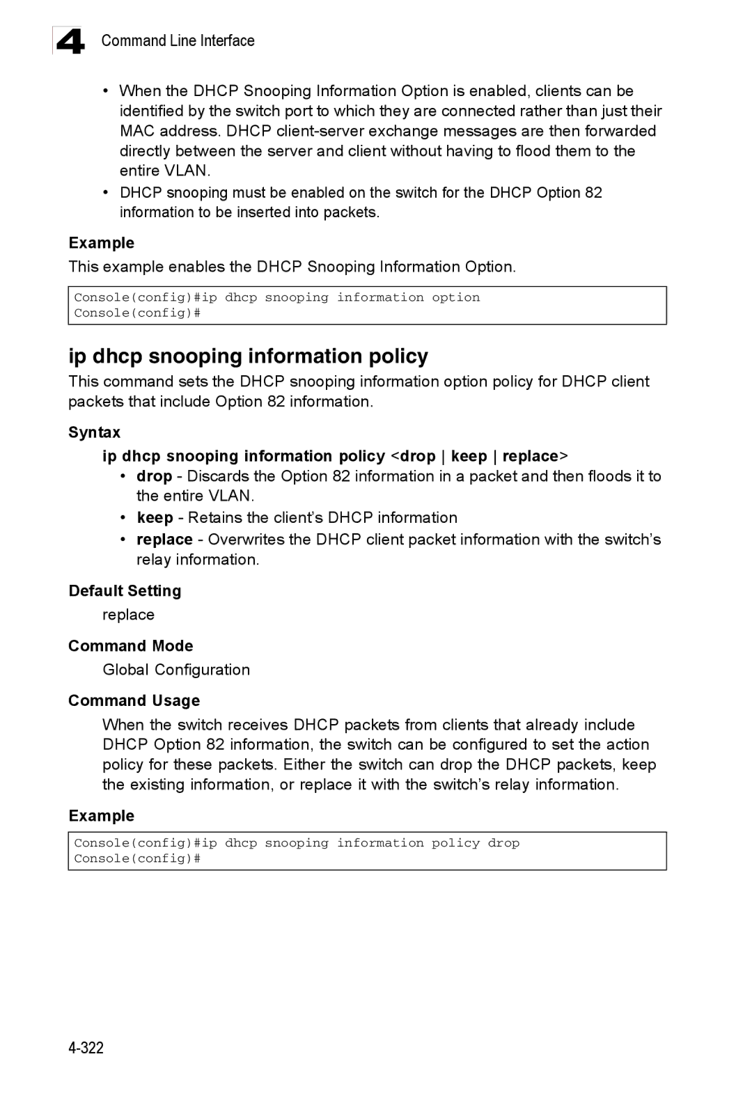 Accton Technology ES3528M-SFP manual Ip dhcp snooping information policy, Replace 