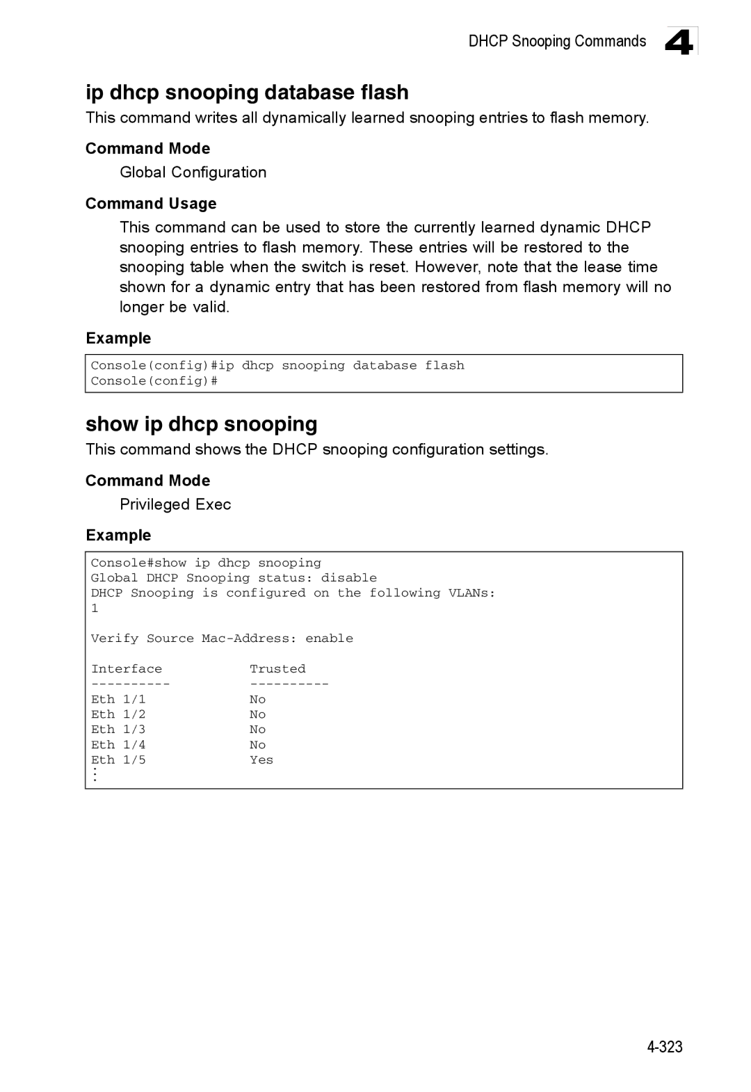 Accton Technology ES3528M-SFP manual Ip dhcp snooping database flash, Show ip dhcp snooping 