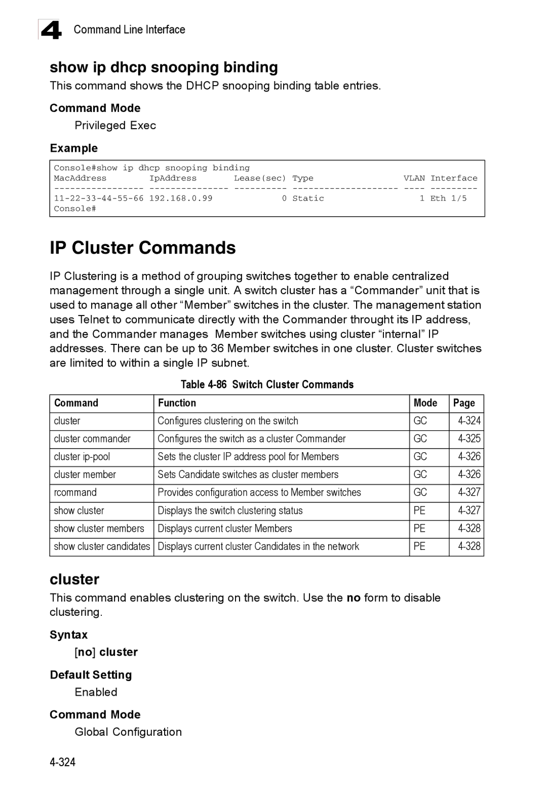 Accton Technology ES3528M-SFP IP Cluster Commands, Show ip dhcp snooping binding, Switch Cluster Commands Function Mode 