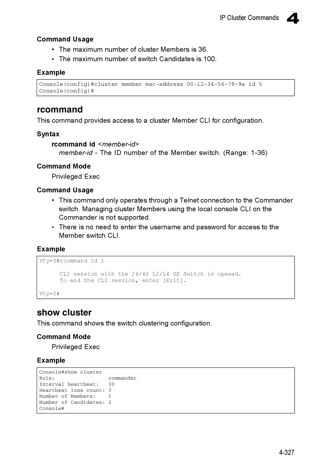 Accton Technology ES3528M-SFP manual Show cluster, Syntax Rcommand id member-id 